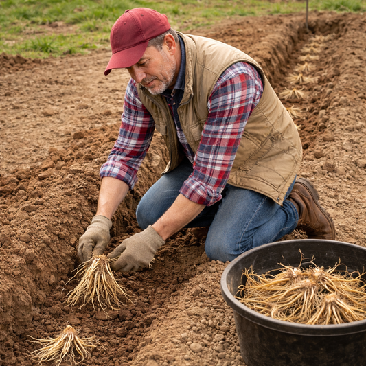Man working in a field with 3 year asparagus roots planting in his fertilizer garden with worm castings.