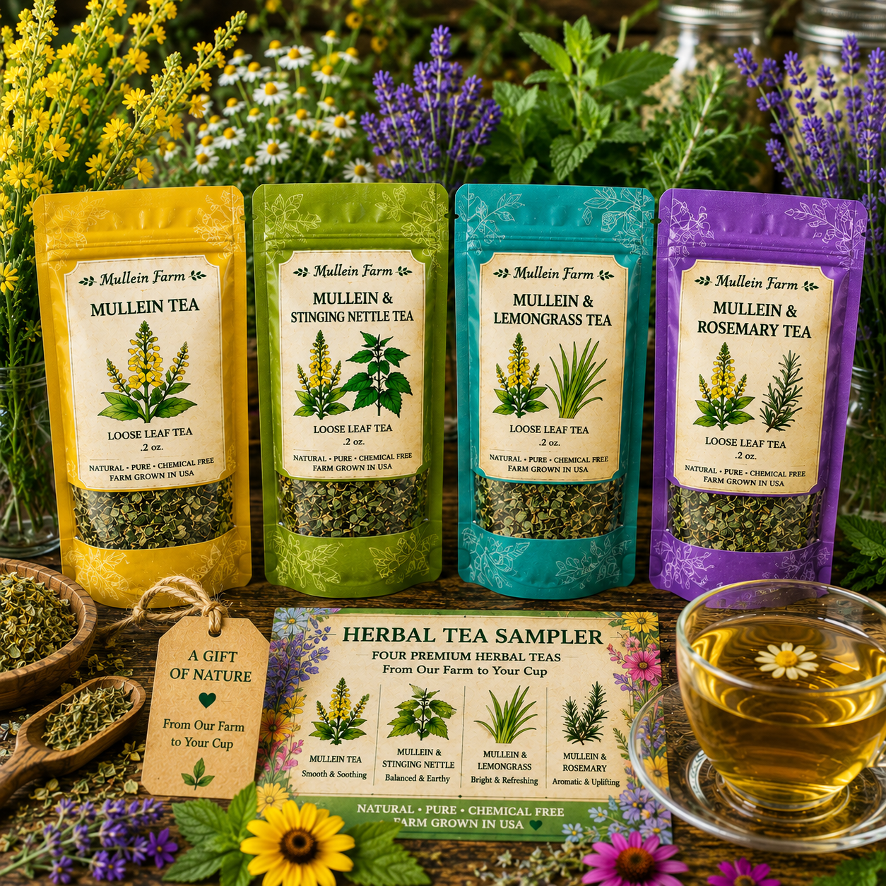 Mullein Herbal Tea Sampler — 4 Premium Loose Leaf Tea Blends -2 oz Each - Farm Grown in USA $16.99