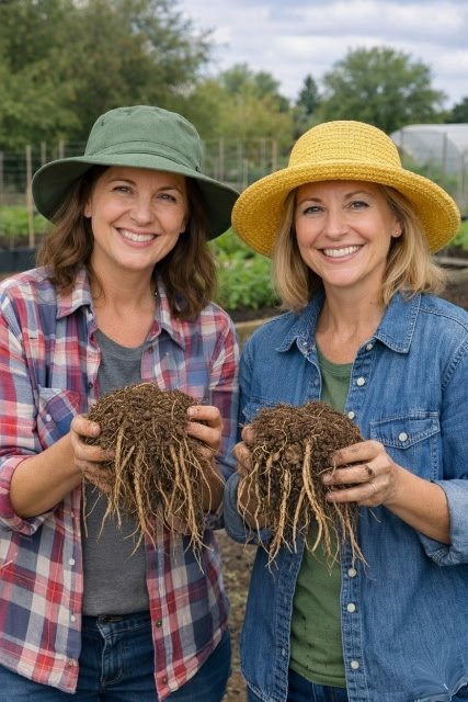 Two women gardeners holing large 3- year asparagus roots, preparing to plant in their Texas garden. Their favorite variety Millennium . 