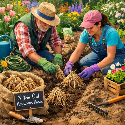 Gardeners planting quality Millennium  year asparagus roots. Easy to plant fast to grow. Carefree asparagus gardening especially when adding worm castings to your soil. Buy now plant this Spring.