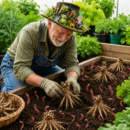 An older man wearing a whimsical garden-themed hat, green shirt, and denim overalls kneels in a raised garden bed, placing root vegetables into soil while worms are visible throughout the compost. He is surrounded by lush green plants and potted herbs.

Details
